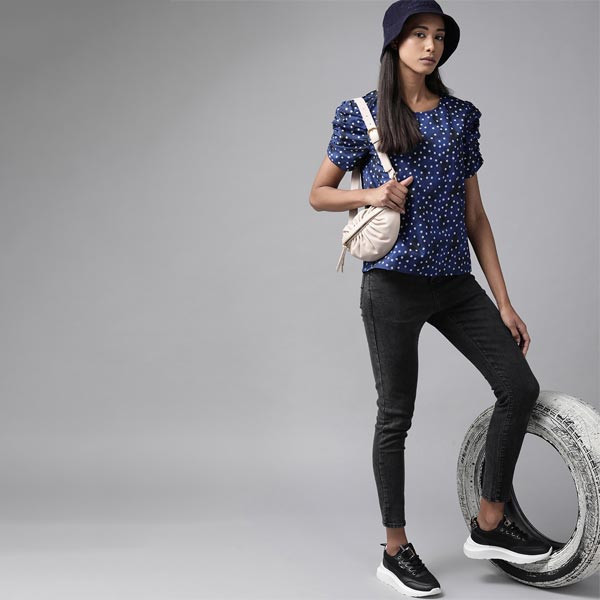 The Lifestyle Co Women Blue & White Printed Pure Cotton Top