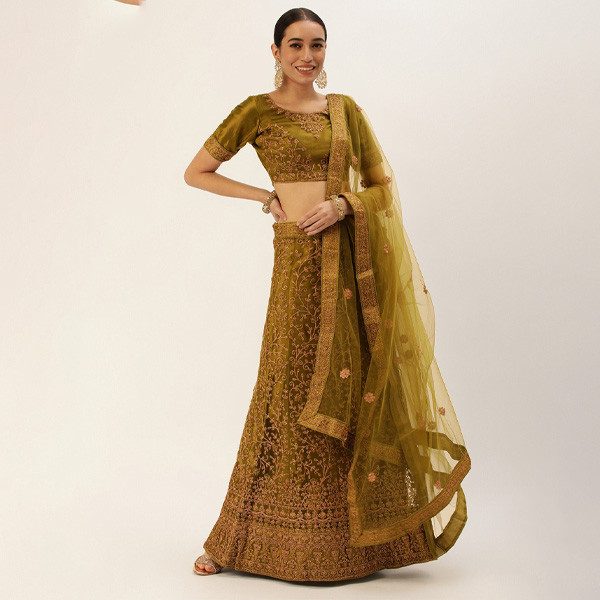 Embroidered Thread Work Unstitched Lehenga & Blouse With Dupatta