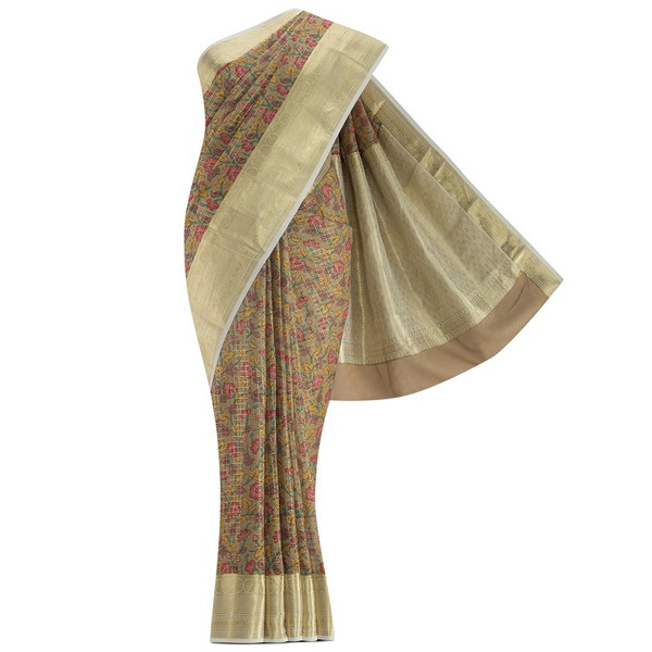 Brown & Yellow Floral Zari Pure Cotton Mysore Silk Saree