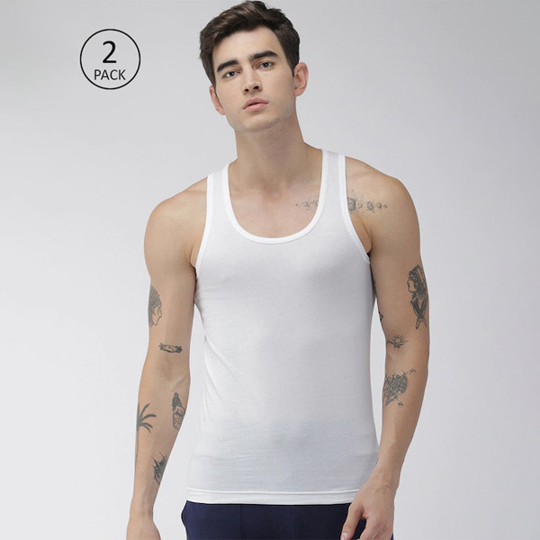 Men Pack of 2 White Solid Gym Vests 9270955-2