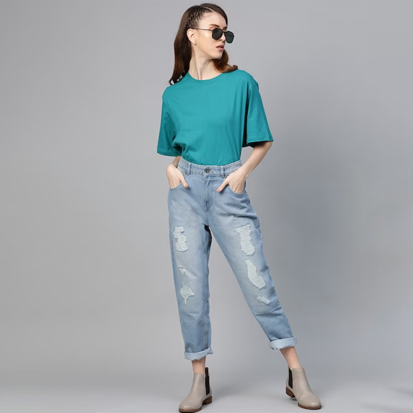 Women Turquoise Blue Solid Round Neck T-shirt