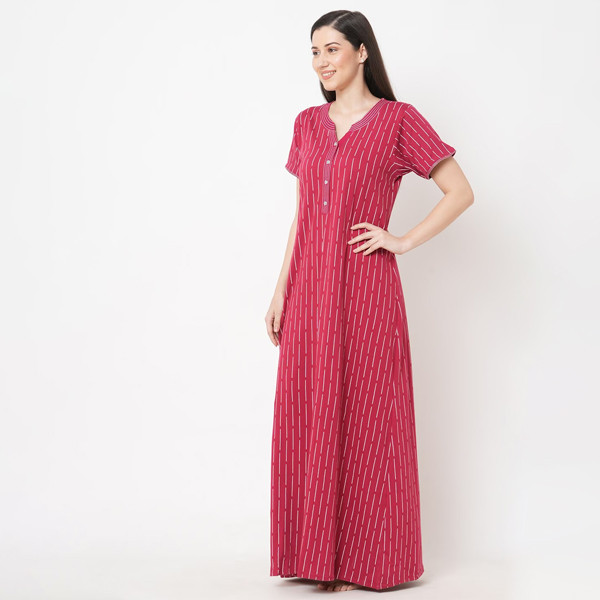Women Red Striped Pure Cotton Maxi Nightdress