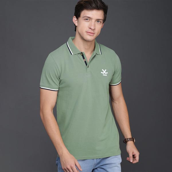 Men Green Slim Fit Polo Collar Cotton Pure Cotton T-shirt