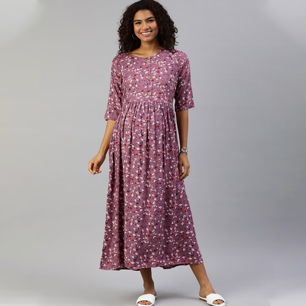 Mauve Floral Printed Maternity Nursing Maxi Dress