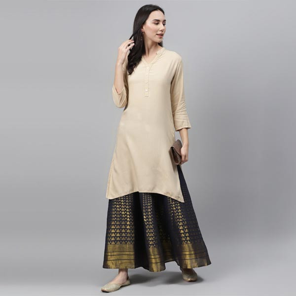 Women Navy Blue & Golden Woven Design Flared Maxi Skirt