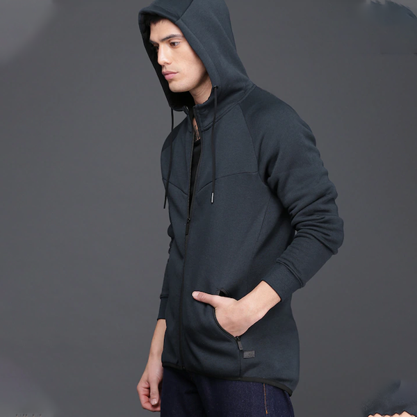 Men Navy Blue Solid Hooded Sweatshirt