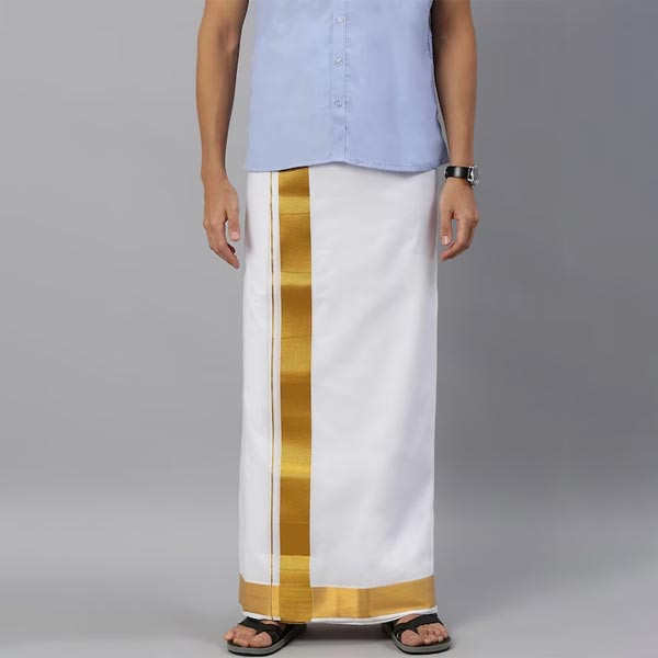 Men White Pure Cotton Double Layer Solid Kaviyam Dhoti with Gold Zari Border