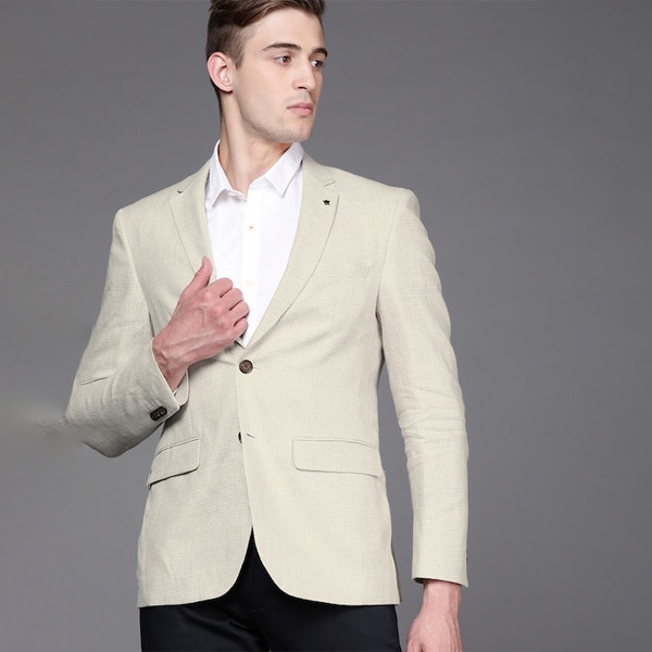 Men Beige Self-Design Single-Breasted Slim Fit Linen Formal Blazer