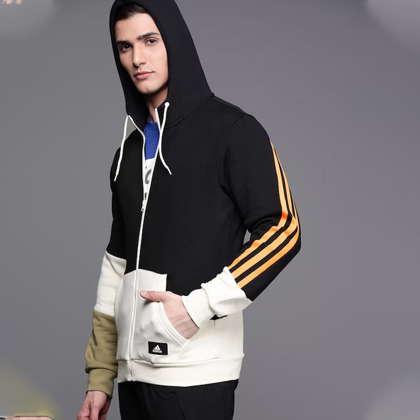Men Black & Off-White FI Colourblocked FZ Hooded Training Sweatshirt