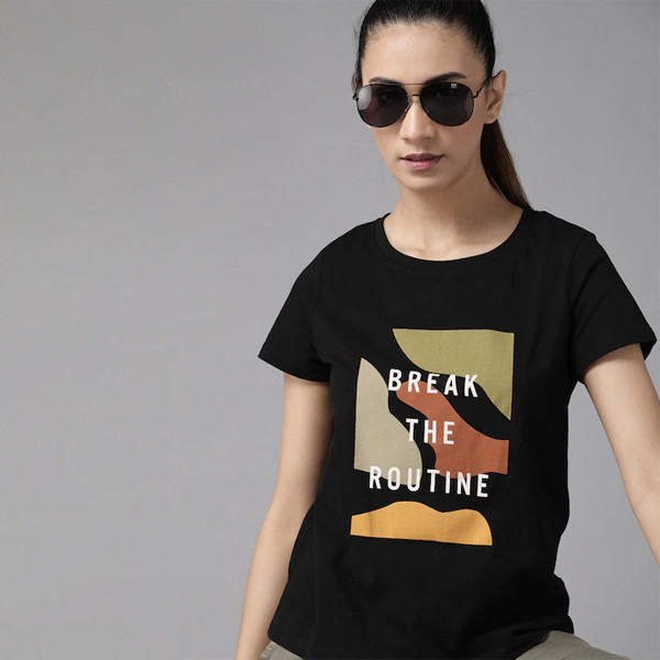 The Lifestyle Co Women Black Orange Printed Cotton Round Neck T-shirt