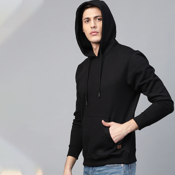 Men Black Solid Hooded Sweatshirt