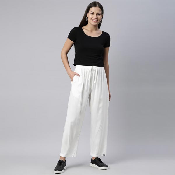 Women White Viscose Solid Woven Palazzos