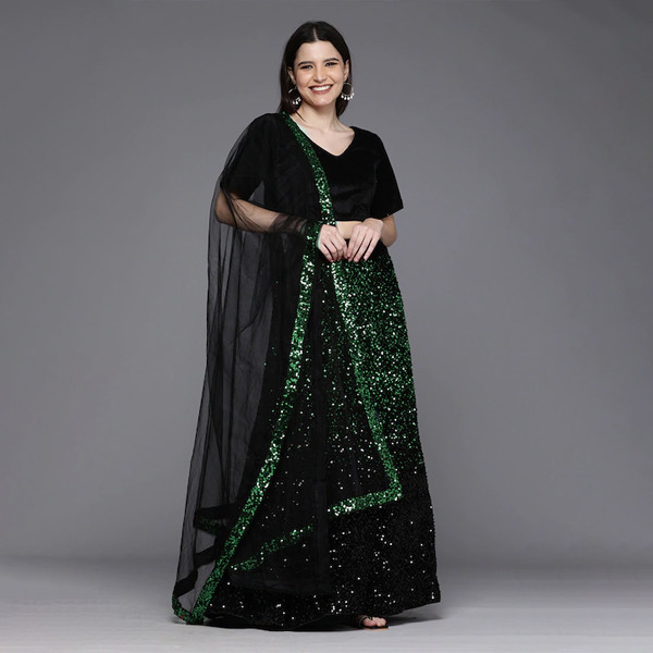 Embroidered Velvet Semi-Stitched Lehenga & Unstitched Blouse With Dupatta