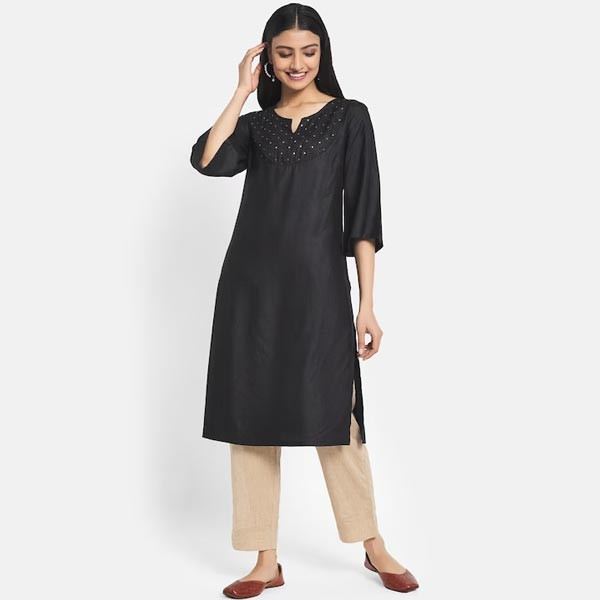 "Yoke Design Thread Work Sequined Flared Sleeves Straight Kurta "