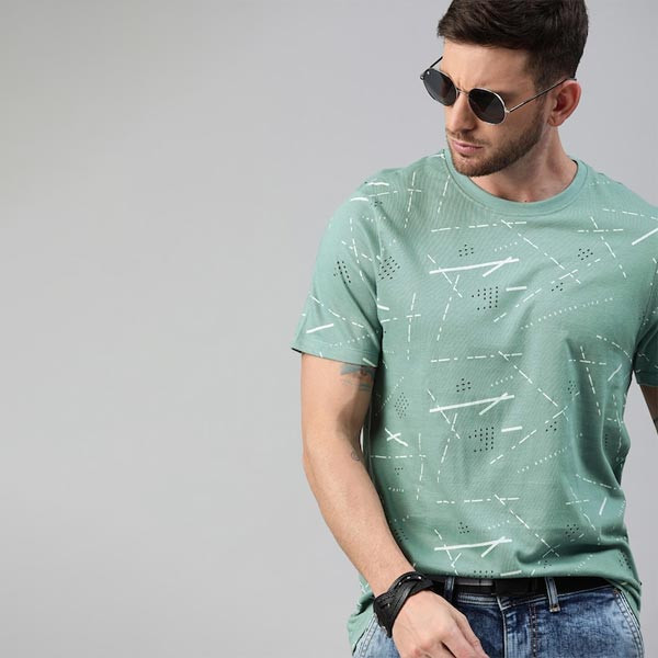 Men Green White Printed Round Neck Pure Cotton T-shirt