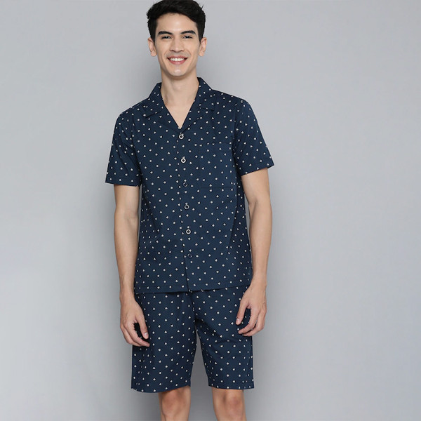 Men Navy Blue Geometric Printed Night suit