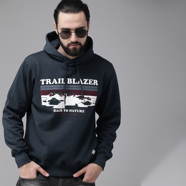"The Lifestyle CoThe Lifestyle Co Men Navy Blue Printed Detachable Hood Sweatshirt