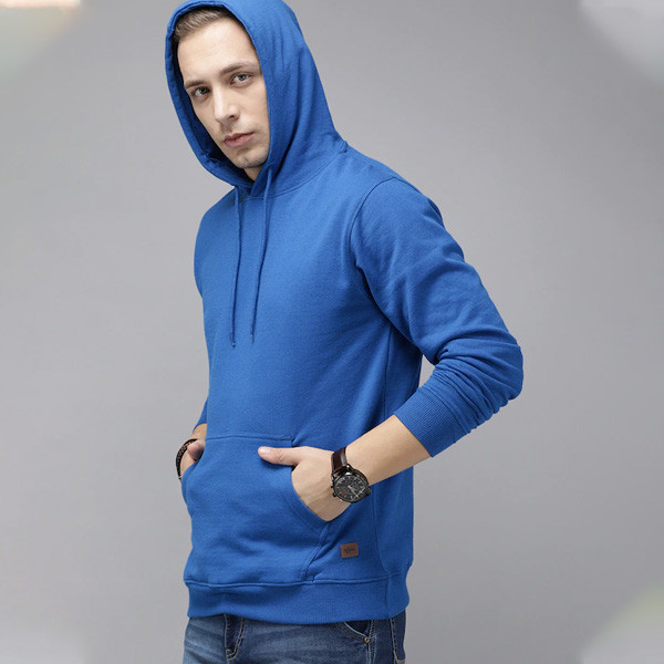 Men Blue Solid Hooded Sweatshirt