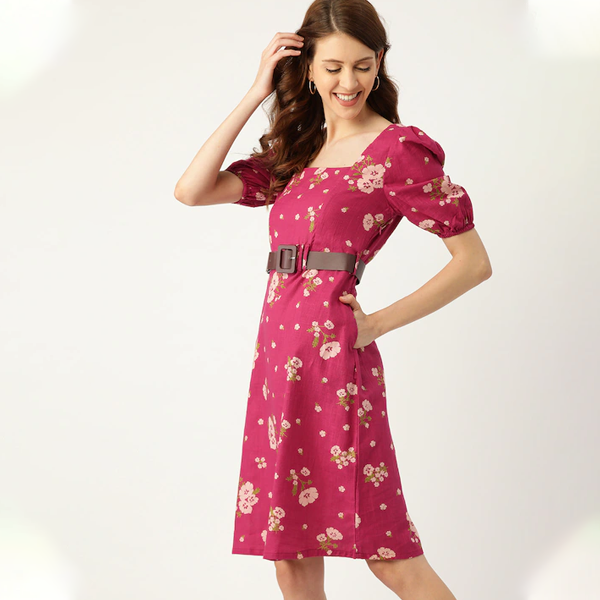 Magenta Floral Printed A-Line Dress