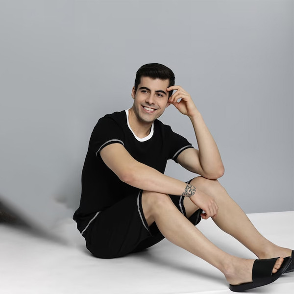 Men Black Pure Cotton Night Suit