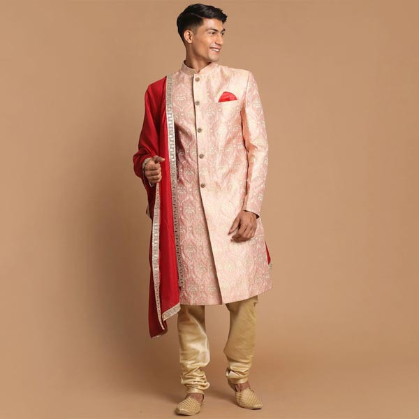 Men Pink Woven Design Brocade Sherwani