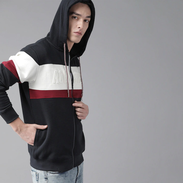 The Lifestyle Co Men Navy Blue & White Colourblocked Hooded Sweatshirt