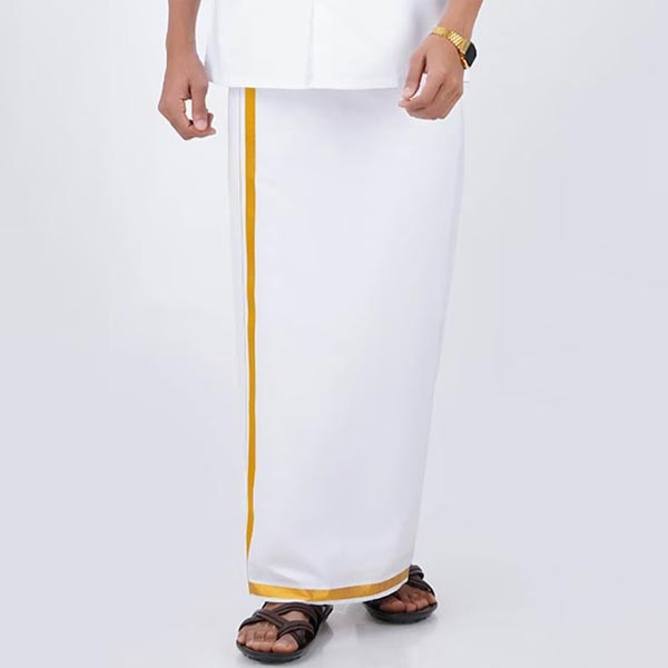 RAMRAJ Men White Pure Cotton Gold Zari Border Dhoti
