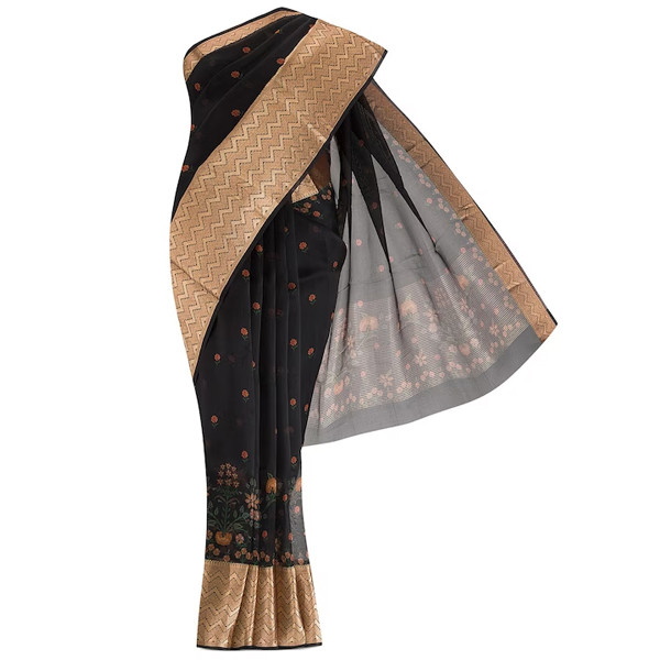 Black & Gold-Toned Woven Design Zari Organza Saree