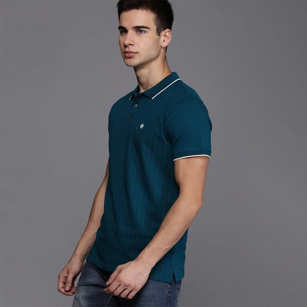 Men Teal Blue Striped Slim Fit Polo Collar Pure Cotton T-shirt