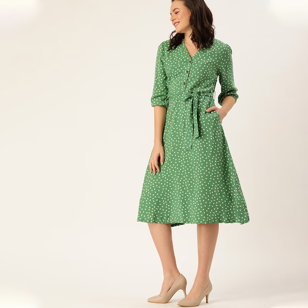 Green & White Polka Dots Printed Fit and Flare Sustainable ECOVERO Dress