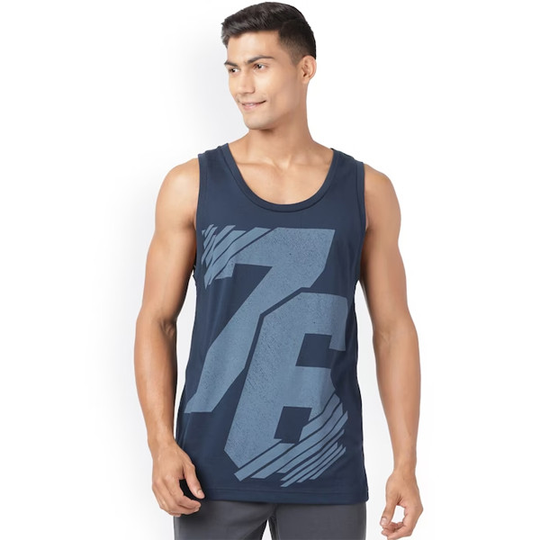 Men Navy Blue Printed Cotton Innerwear Vests