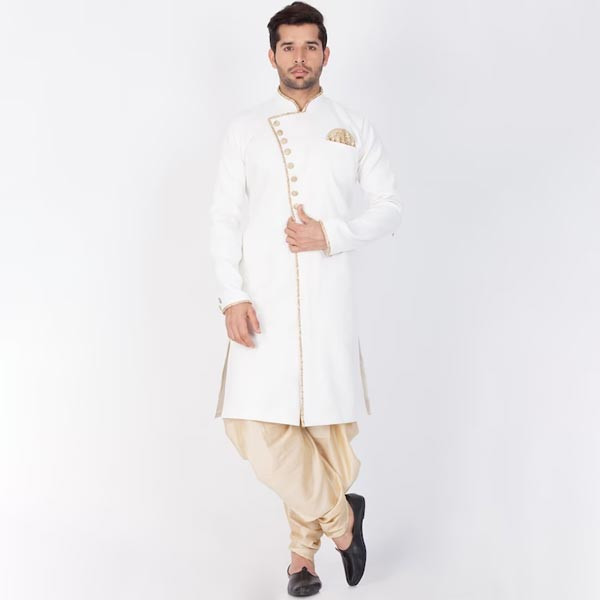 Men White & Gold-Coloured Solid Slim-Fit Sherwani Set